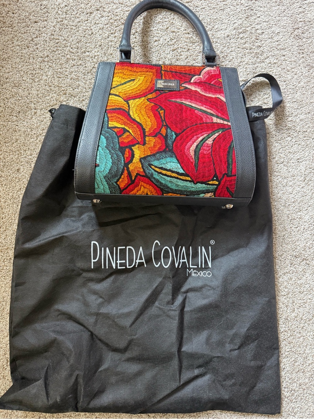 Pineda Covalin Floral Tapestry Top-Handle Bag in Black, Red, Yellow, Teal